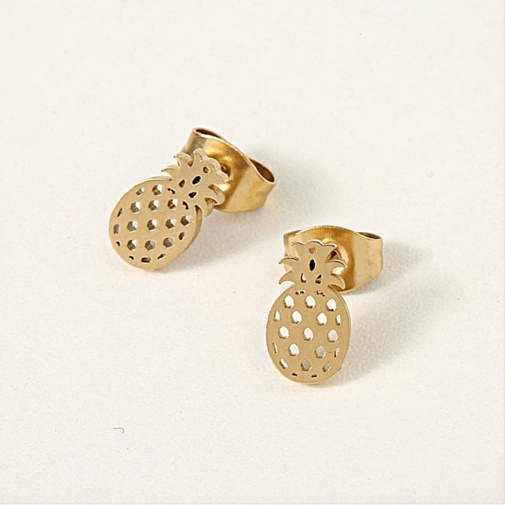 Pineapple 18K Gold Plated Sterling Silver Stud Earrings - Picture 2 of 7